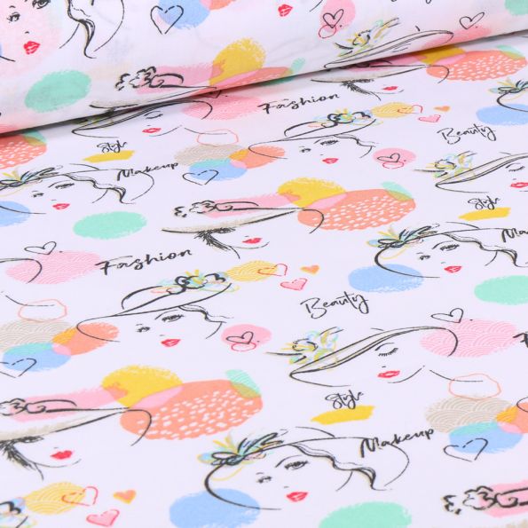 Tissu Coton imprimé Arty Lady blush sur fond Blanc - Par 10 cm