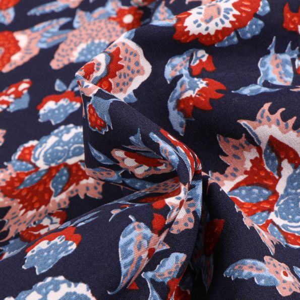 Tissu Viscose Arty Boho sur fond Bleu marine - Par 10 cm