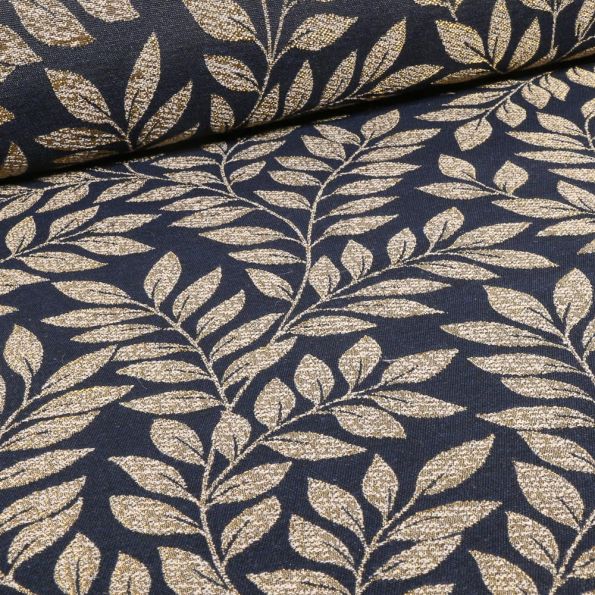 Tissu Jacquard Feuilles des bois sur fond Bleu marine - Par 10 cm