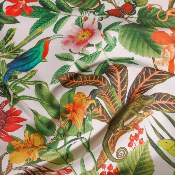 Tissu Toile extérieure imprimé Bora-Bora sur fond Blanc - Par 10 cm