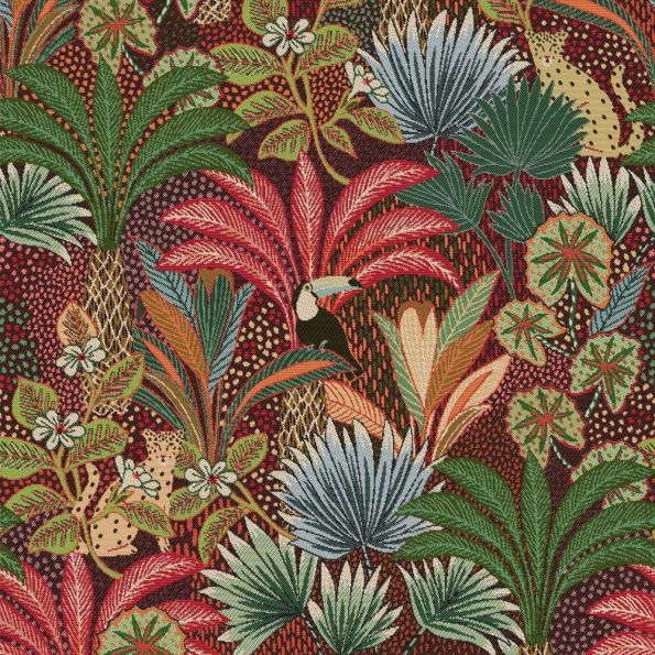 Tissu Jacquard d'ameublement Borne Nature sur fond Bordeaux - Par 10 cm