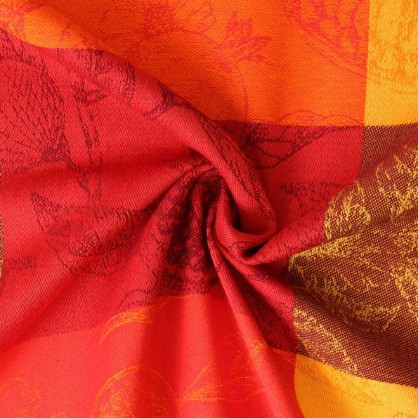 Tissu Jacquard Paloma damiers Jaune et Orange sur fond Rouge - Par 10 cm