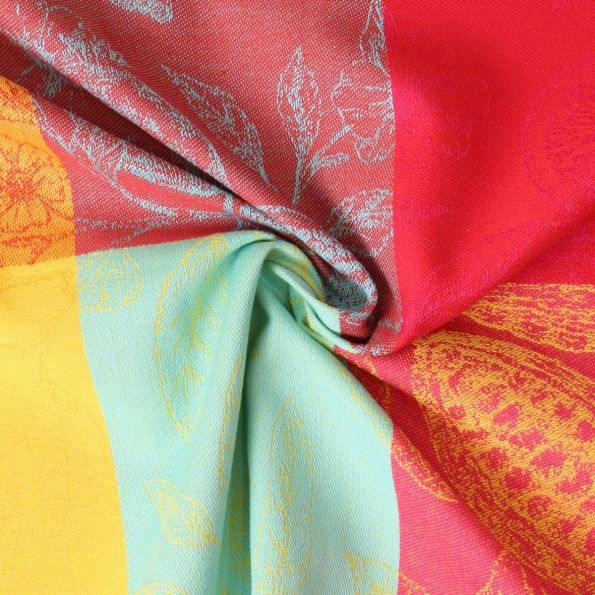 Tissu Jacquard Paloma damiers Jaune et Orange sur fond Bleu turquoise - Par 10 cm