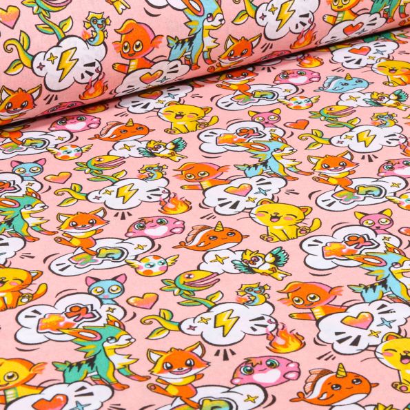 Tissu Coton imprimé Arty Cartoon sur fond Rose - Par 10 cm