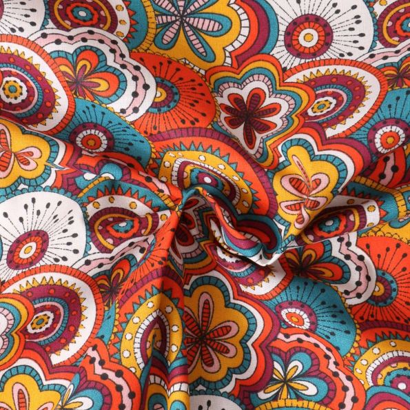 Tissu Popeline de Coton  Eugénie mandala floral Bleu sur fond Corail - Par 10 cm