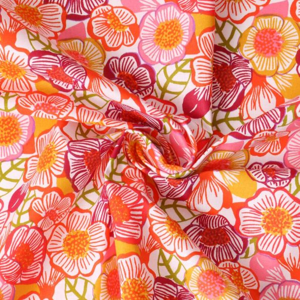 Tissu Popeline de Coton  Clem fleurs Roses sur fond Blanc - Par 10 cm