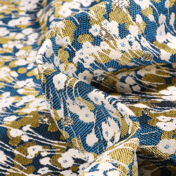 Tissu Jacquard Colchique sur fond Bleu canard - Par 10 cm