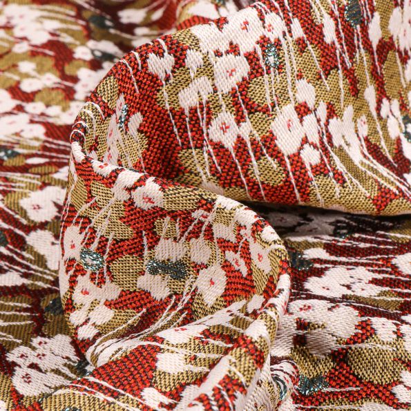 Tissu Jacquard Colchique sur fond Rouge - Par 10 cm