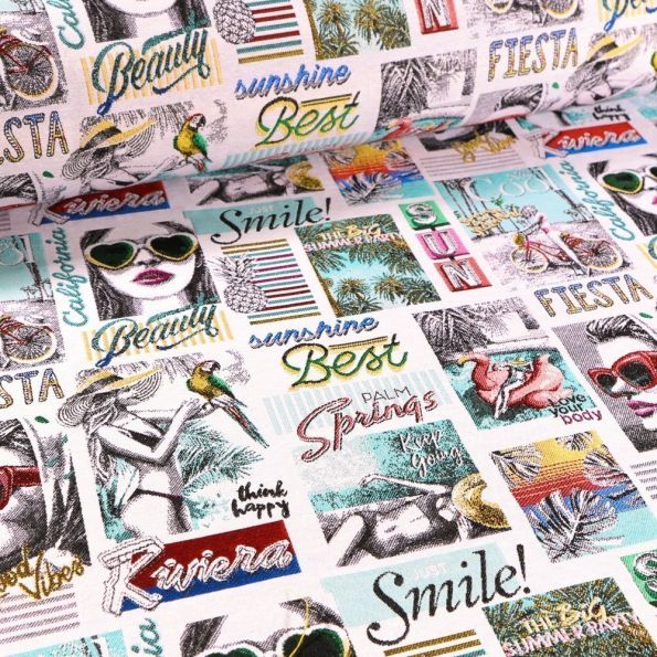 Tissu Toile jacquard Summer sur fond Blanc cassé - Par 10 cm