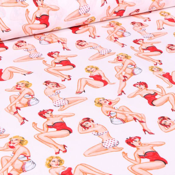 Tissu Coton imprimé Arty Pin up sur fond Blanc - Par 10 cm