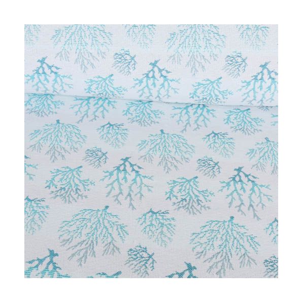 Tissu Jacquard Corail turquoise sur fond Blanc - Par 10 cm