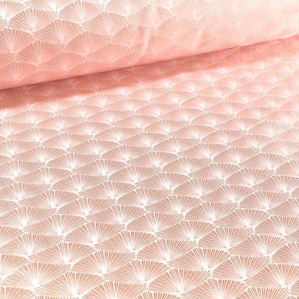 Tissu Jacquard Satiné Éventails lurex rose gold sur fond Blanc - Par 10 cm