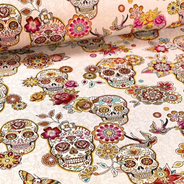 Tissu Toile jacquard El Día de los Muertos sur fond Naturel - Par 10 cm