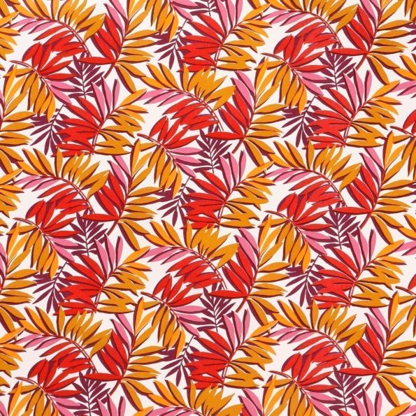 Toile Cirée Curacao Feuilles moutarde, roses, rouges et prune sur fond Blanc - Par 10 cm