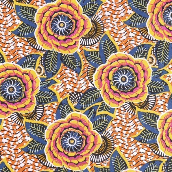 Tissu Coton Imprimé Arty Dahlias Jaunes et bleues sur fond Orange - Par 10 cm