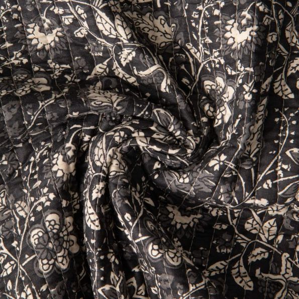 Tissu Coton Matelassé indien Block print Indien Delhi sur fond Noir - Par 10 cm