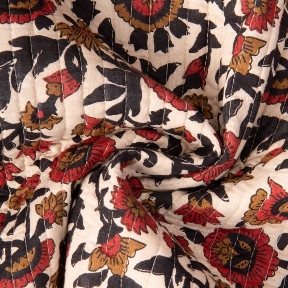 Tissu Coton Matelassé réversible Block print Indien Delhi sur fond Beige - Par 10 cm