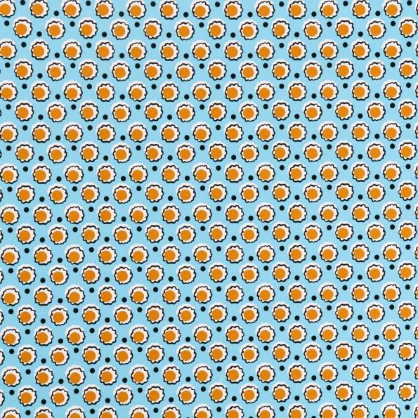 Toile Cirée Dita Fleurs blanches, noires et moutarde sur fond Bleu ciel - Par 10 cm