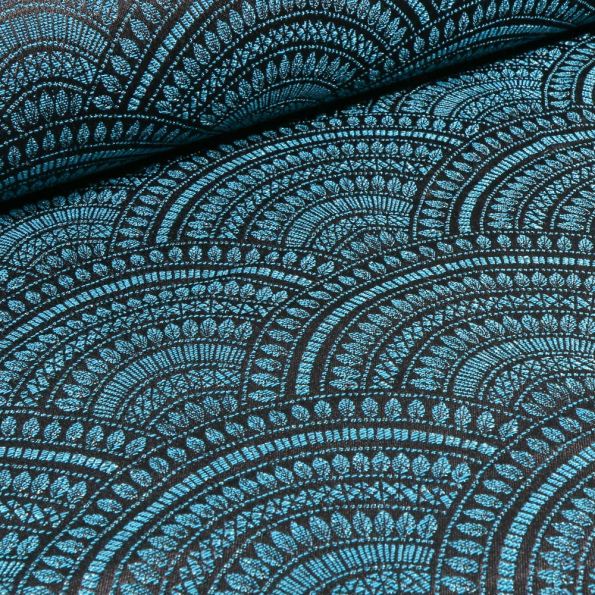 Tissu Jacquard Eventail sur fond Bleu turquoise - Par 10 cm