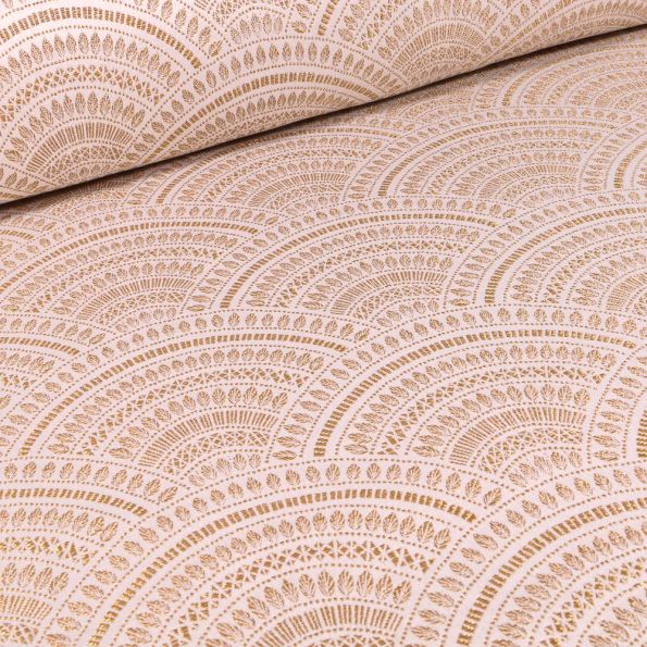 Tissu Jacquard Eventails dorés sur fond Blanc - Par 10 cm