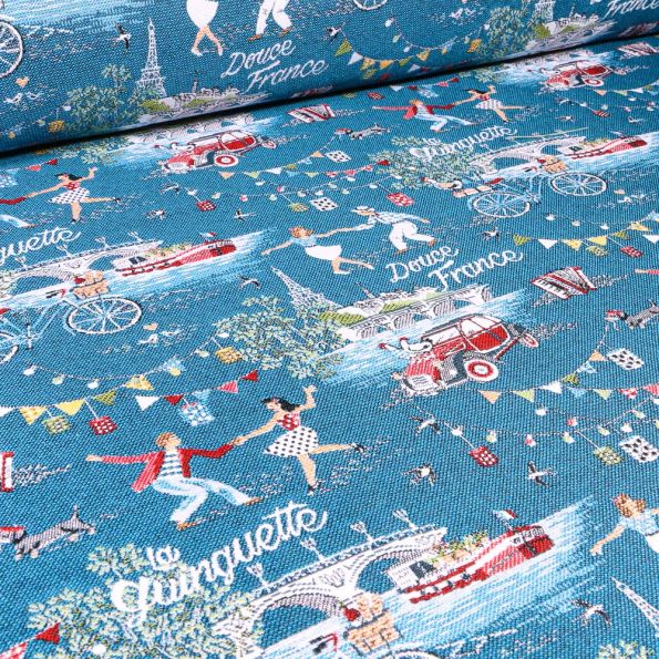 Tissu Jacquard Douce France Guinguette 2 Chevaux sur fond Bleu pétrole - Par 10 cm