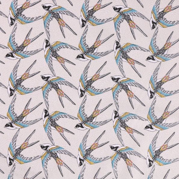 Tissu Coton Imprimé Arty Hirondelles sur fond Blanc et beige - Par 10 cm