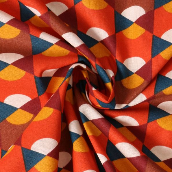 Tissu Popeline de Coton  Elina motif retro Bleu sur fond Rouge - Par 10 cm