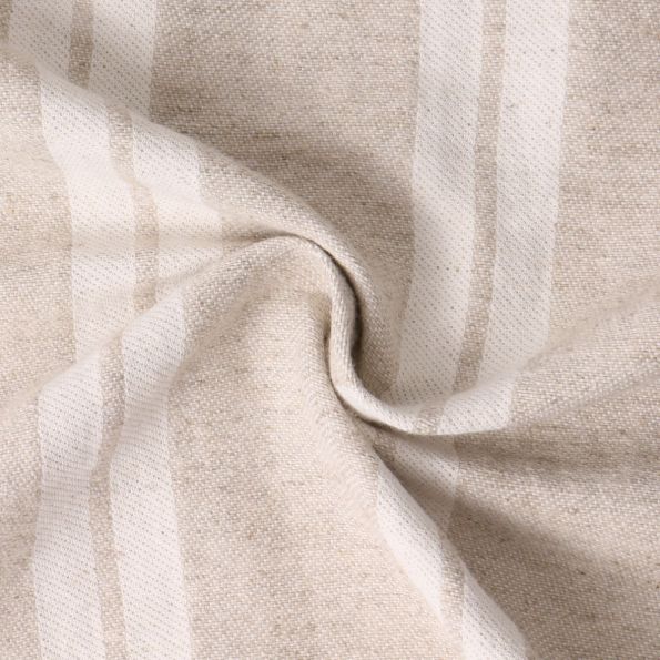 Tissu Polycoton aspect Lin Rama rayures blanches sur fond Beige - Par 10 cm