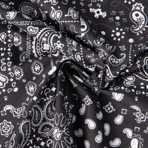 Tissu Coton imprimé Arty patchwork paisley Blanc sur fond Noir - Par 10 cm