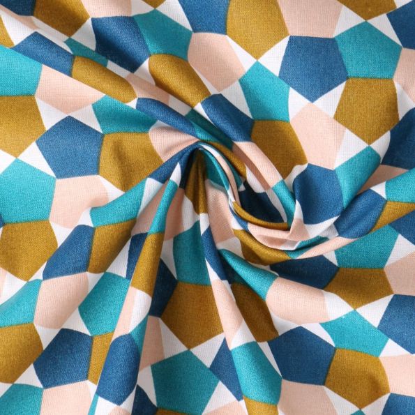 Tissu Popeline de Coton  Nora cubes imbriqués Bleus sur fond Blanc - Par 10 cm