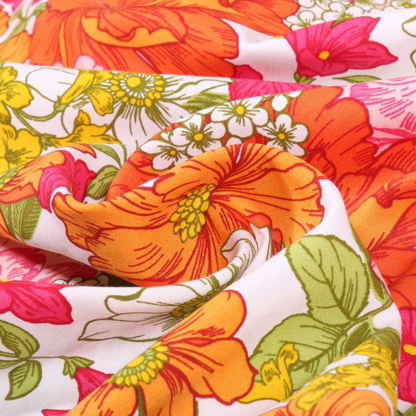 Tissu Viscose Flore Orange sur fond Blanc - Par 10 cm