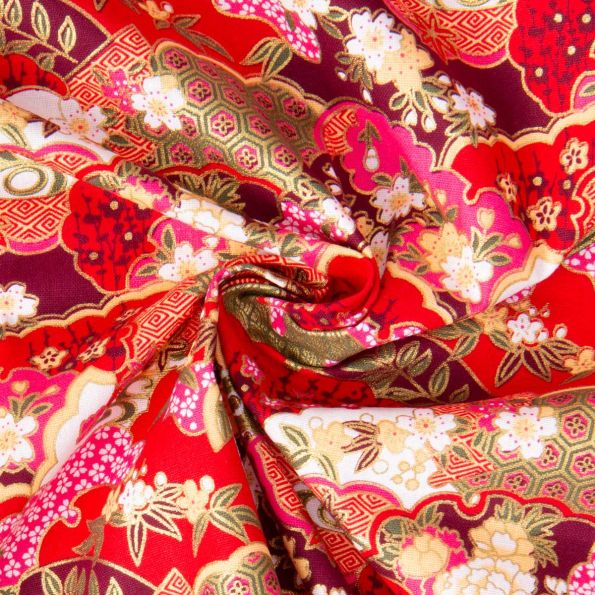Tissu Coton imprimé Foil Arty Hokkaido motifs traditionnel sur fond Rouge - Par 10 cm