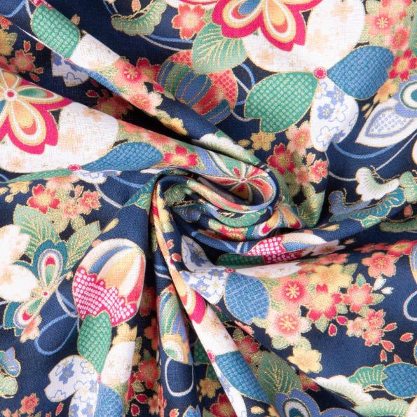 Tissu Coton imprimé Foil Arty Kyoto fleurs cerisiers sur fond Bleu nuit - Par 10 cm