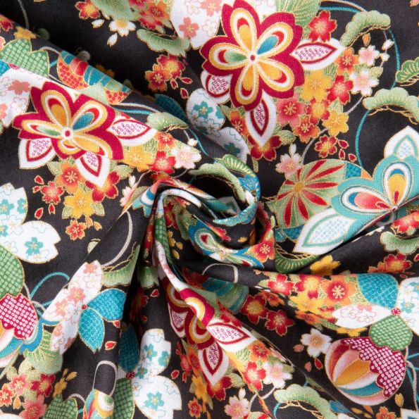 Tissu Coton imprimé Foil Arty fleurs du Japon sur fond Noir - Par 10 cm