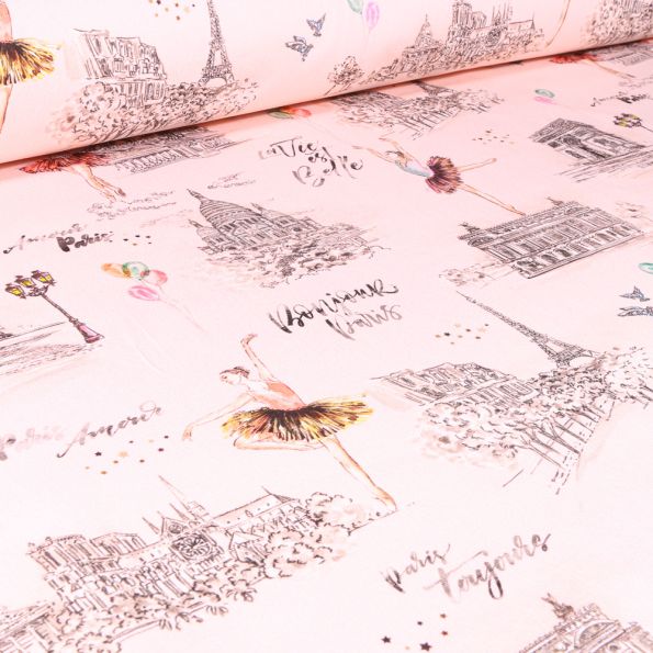 Tissu Coton sergé Arty Danseuse Garnier sur fond Rose nude - Par 10 cm