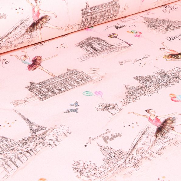 Tissu Coton imprimé Arty Bonjour Paris sur fond Rose nude - Par 10 cm
