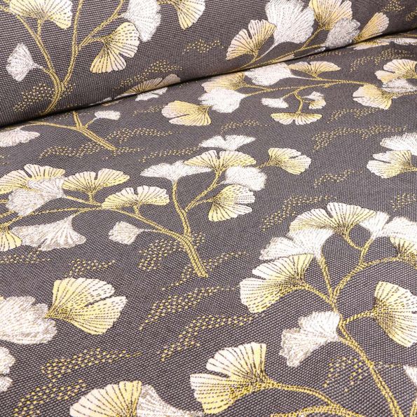 Tissu Jacquard Ginkgo graphique sur fond Gris anthracite - Par 10 cm