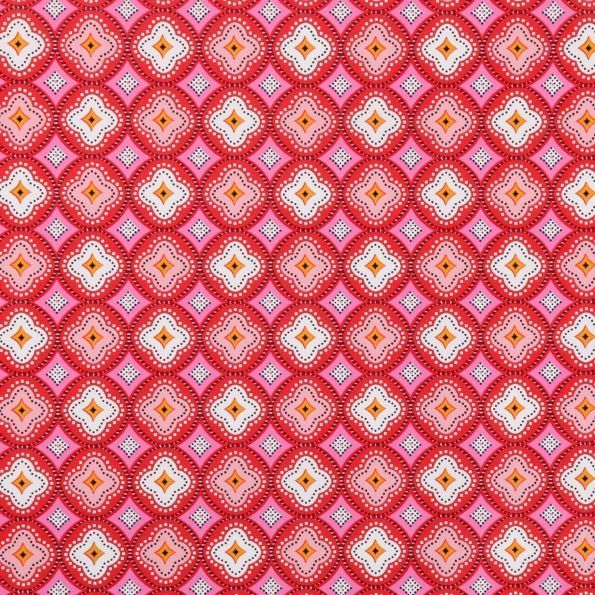 Toile Cirée Ibiza Rosaces rouges, blanches et oranges sur fond Rose - Par 10 cm