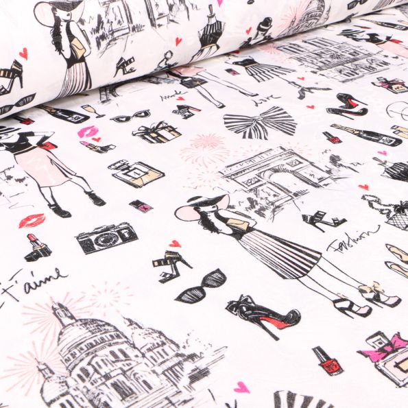 Tissu Jacquard Arty I love Paris sur fond Blanc - Par 10 cm