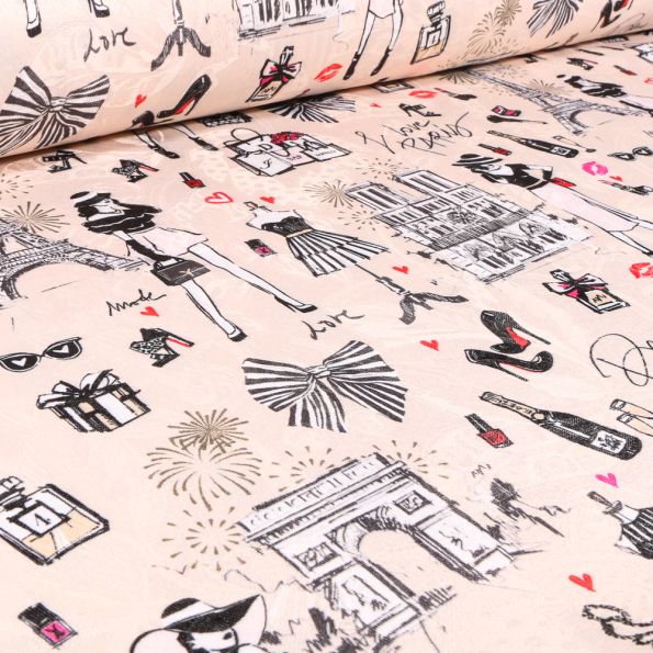 Tissu Jacquard Arty I love Paris sur fond ecru - Par 10 cm