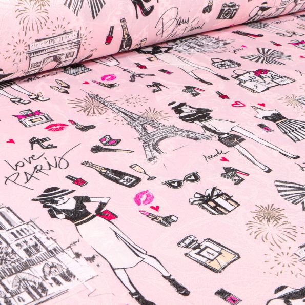 Tissu Jacquard Arty I love Paris sur fond Rose - Par 10 cm