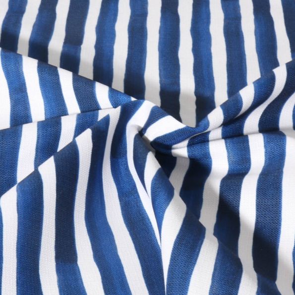 Tissu Toile extérieure déperlant Ithaque  rayures aqua bleu marine sur fond Blanc - Par 10 cm