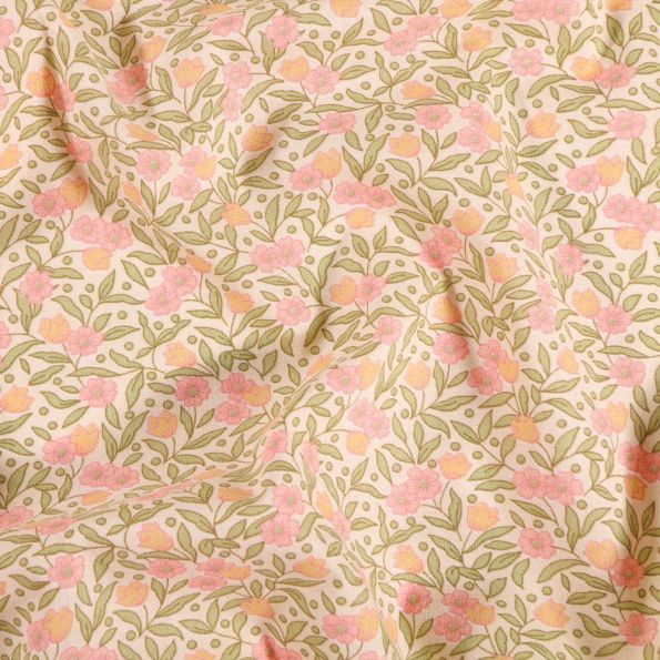 Tissu Coton imprimé Arty Joanne Rose et orange sur fond Blanc - Par 10 cm