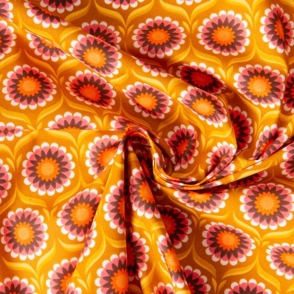 Tissu Coton imprimé Arty Soleil fleuris sur fond Ocre - Par 10 cm