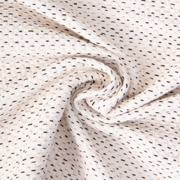 Tissu Jacquard Coton piqué pointillés Noir et Beige sur fond Ecru - Par 10 cm