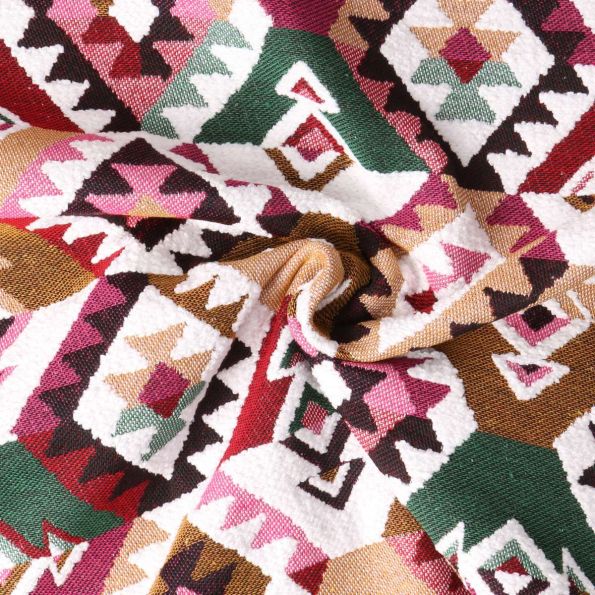 Tissu Jacquard Kilim motif géométrique sur fond Rose - Par 10 cm