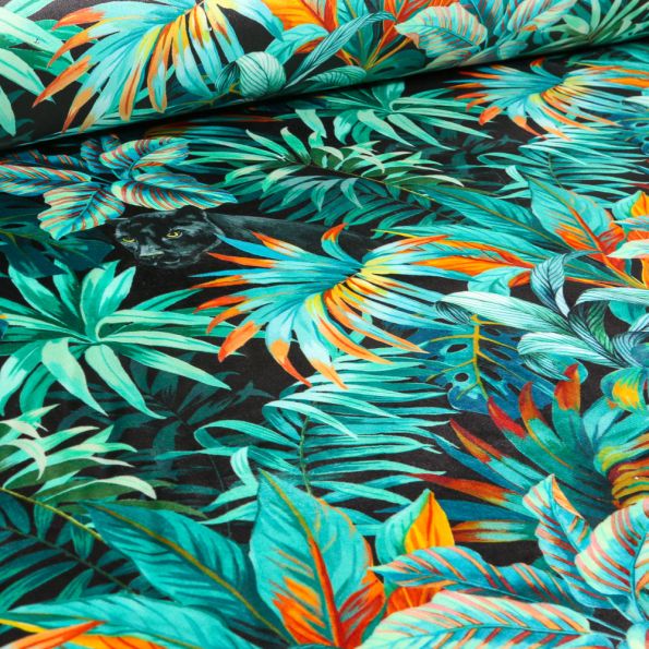 Tissu Velours d'ameublement tout doux Tropica panthère sur fond Noir - Par 10 cm