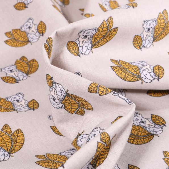 Tissu Coton imprimé Arty Koala sur fond Grège - Par 10 cm