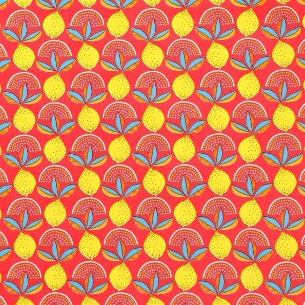 Toile Cirée Citrons jaunes sur fond Pastèque - Par 10 cm