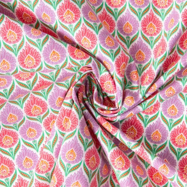 Tissu  Coton imprimé Arty Luka violet rose sur fond Vert menthe - Par 10 cm